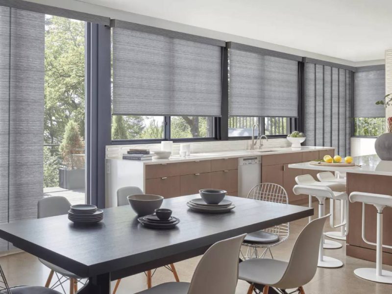 Hunter Douglas blinds for large windows in a kitchen near Helena, MT